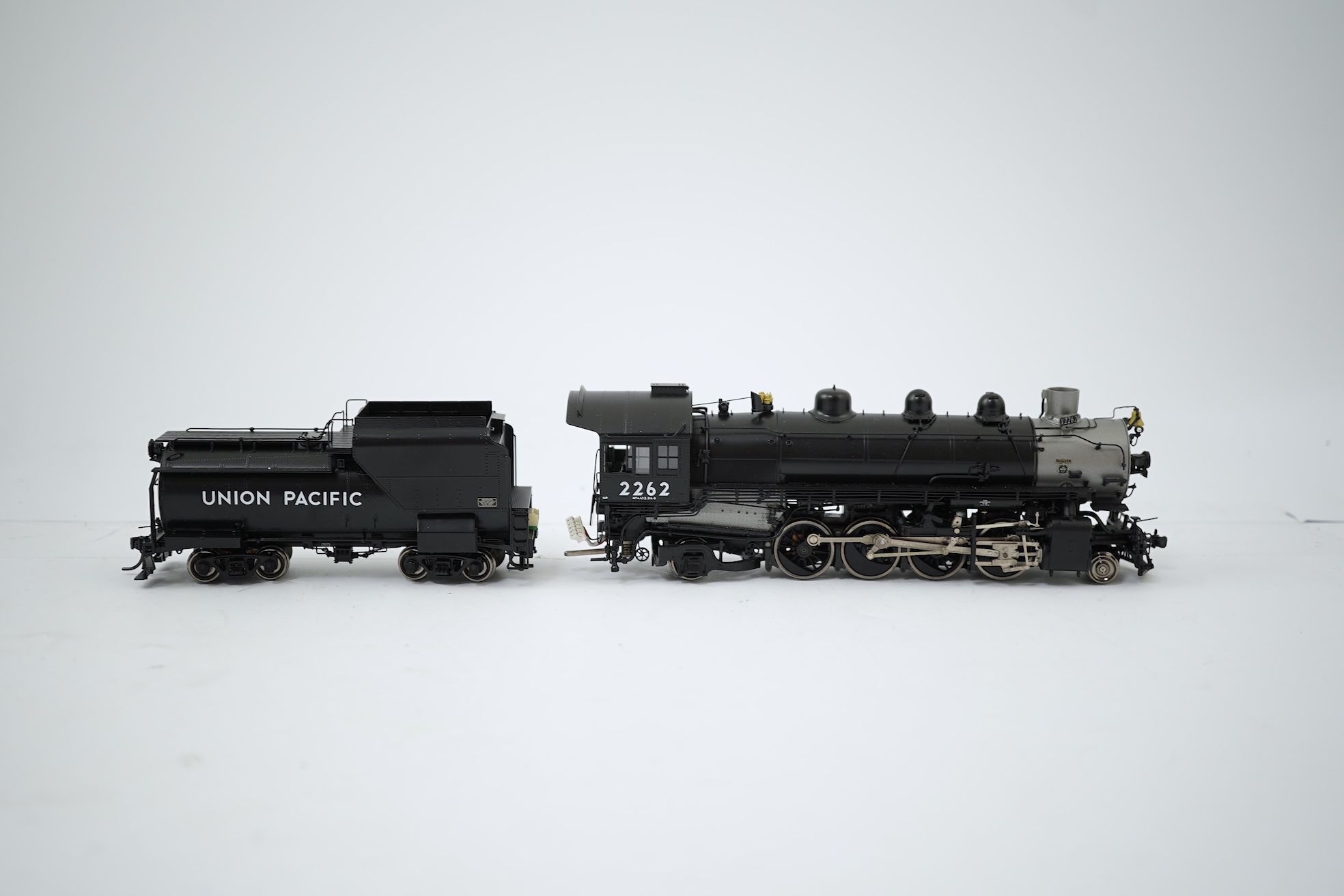A boxed HO gauge Overland Models Inc. model of Union Pacific MK-7, 2262, 2-8-2 locomotive with bogie tender, powered for two rail operation.